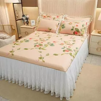 3 шт., комплект летних юбок для кровати, комплект королевского размера, покрывало с принтом, бамбуковое волокно, простыня King с наволочкой, белые кружевные нескользящие оборки Only 2pcs pillowcase