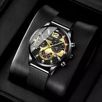 3 шт./комплект модные деловые кварцевые часы с календарем мужские из нержавеющей стали с сетчатым ремешком и серебряным браслетом и ожерельем в виде пули