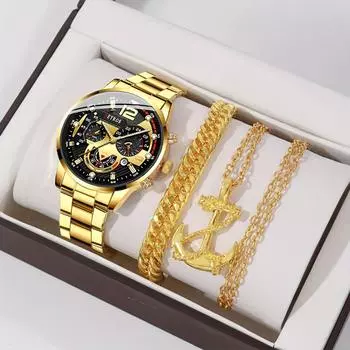 3 шт./комплект, модные мужские деловые часы, повседневные кварцевые наручные часы из нержавеющей стали, золотое ожерелье, браслет и набор наручных часов