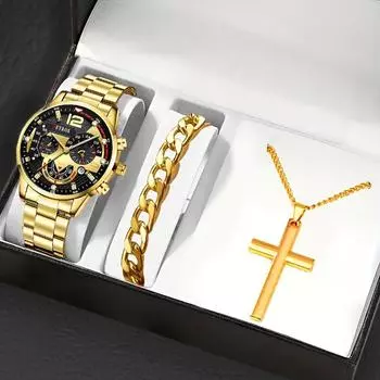 3 шт./комплект, модные мужские деловые кварцевые часы из нержавеющей стали с календарем и браслетом и ожерельем с подвеской в виде креста