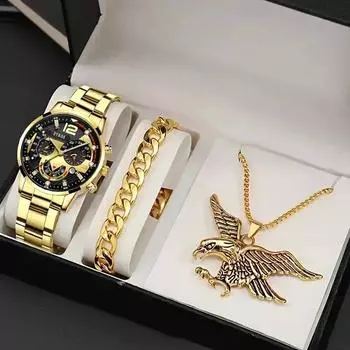 3 шт./комплект модные мужские календари роскошные деловые кварцевые наручные часы из нержавеющей стали и браслет ожерелье набор, лучшие подарки для него