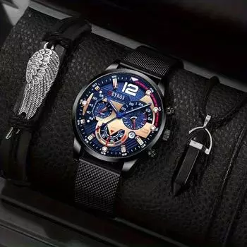 3 шт./комплект модные мужские повседневные кварцевые наручные часы из нержавеющей стали, мужской браслет, мужское ожерелье, мужские подарки