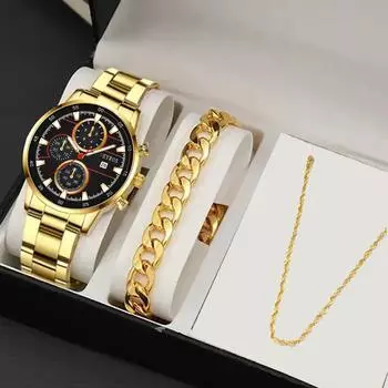 3 шт./комплект, модные мужские спортивные круглые кварцевые часы из нержавеющей стали с циферблатом и браслетом, набор из ожерелья, лучшие подарки для него