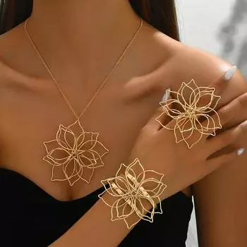 3 шт./комплект модный креативный нежный ажурный цветок кольцо + ожерелье + браслет женский комплект ювелирных изделий повседневная одежда, праздничный комплект юбки для отпуска one-size золотой