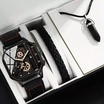 3 шт./комплект, мужские часы, 1 шт. модные мужские деловые наручные часы из искусственной кожи с квадратным кварцевым ремешком, 1 шт. повседневный браслет, 1 шт. классическое ожерелье