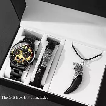 3 шт./комплект Мужские деловые кварцевые наручные часы из сплава нержавеющей стали с указателем и браслетом-ожерельем