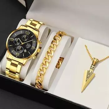 3 шт./комплект, мужские модные кварцевые часы с календарем, спортивные мужские наручные часы из нержавеющей стали, браслет и ожерелье