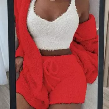 3 шт./комплект осень-зима женское пальто жилет шорты комплект толстый плюш домашняя одежда одежда M бежевый