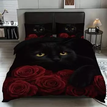 3 шт. Комплект постельного белья с принтом в виде черных кошек, 1*пододеяльник+2*наволочки, подходит для кровати размера кинг, односпальной кровати для всех сезонов 135x200cm-EU-Single