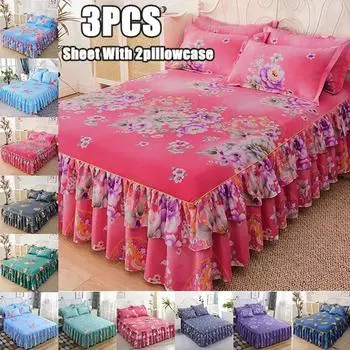 3 шт. комплект постельного белья простыня с 2 наволочками с принтом цветов юбка для кровати домашний текстиль нескользящий наматрасник покрывало 100x 200cm 3PCS