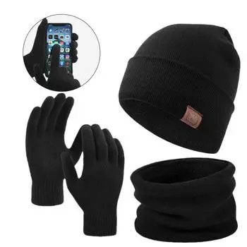 3 шт./комплект шапка шарф перчатки комплект толстая вязаная теплая шапка сенсорный экран перчатки эластичные уши чёрный