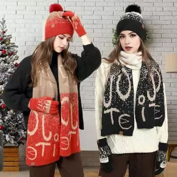 3 шт./комплект унисекс рождественская шапка шарф перчатки комплект толстый вязаный жаккард теплая шапка перчатки эластичная защита ушей зимний новый подарок на год купол шеи чёрный