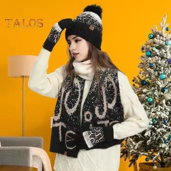 3 шт./комплект унисекс рождественская шапка шарф перчатки комплект толстый вязаный жаккард теплая шапка перчатки эластичная защита ушей зимний новый год подарок купол шейный платок вино красного