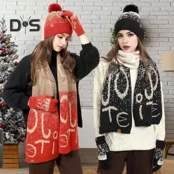 3 шт./комплект унисекс рождественская шапка шарф перчатки комплект толстый вязаный жаккард теплая шапка перчатки эластичная защита ушей зимний новый год подарок купол шейный платок чёрный