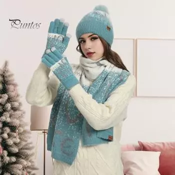 3 шт./комплект унисекс рождественская шапка шарф перчатки комплект толстый вязаный жаккард теплая шапка перчатки эластичная защита ушей зимний новый год подарок купол шейный платок чёрный