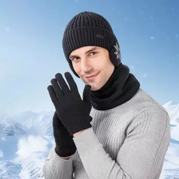 3 шт./комплект унисекс шапка шарф перчатки комплект ухо дизайн снежинка принт шапка бини чёрный