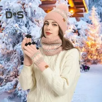 3 шт./комплект унисекс зимняя шапка шарф перчатки комплект толстый плюшевый мяч декор вязаная теплая шапка перчатки эластичный сенсорный экран ветрозащитный зимняя на открытом воздухе велоспорт белый