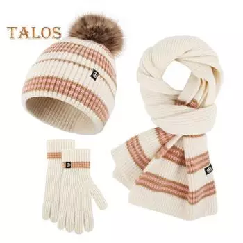 3 шт./комплект унисекс зимняя шапка шарф перчатки комплект толстый плюшевый мяч декор полосатый вязаный теплый шапка перчатки эластичный ветрозащитный зимний на открытом воздухе велосипедный купол серый