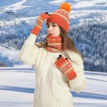 3 шт./комплект унисекс зимняя шапка шарф перчатки комплект толстый плюшевый мяч декор вязаная теплая шапка перчатки эластичный сенсорный экран ветрозащитный зимняя на открытом воздухе велоспорт хаки