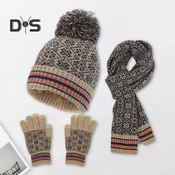 3 шт./комплект унисекс зимняя шапка шарф перчатки комплект толстая трикотажная защитная шапка перчатки эластичная жаккардовая ветрозащитная зимняя шапка-купол для езды на велосипеде бежевый