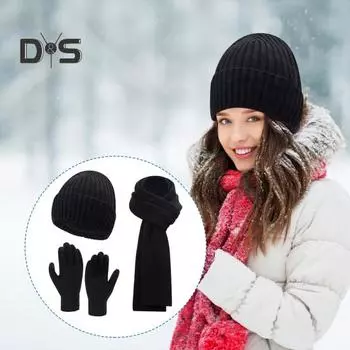 3 шт./комплект унисекс зимняя шапка шарф перчатки комплект толстая вязаная теплая шапка перчатки для сенсорного экрана эластичная защита ушей ветрозащитная зимняя на открытом воздухе для велоспорта темно-серого
