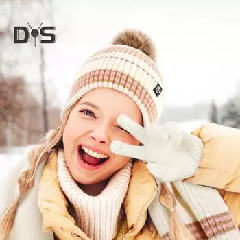 3 шт./комплект унисекс зимняя шапка шарф перчатки комплект толстый плюшевый мяч декор полосатый вязаный теплый шапка перчатки эластичный ветрозащитный зимний на открытом воздухе велосипедный купол серый