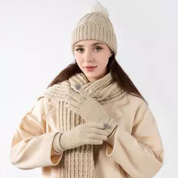 3 шт./комплект унисекс зимняя шапка шарф перчатки комплект толстая вязаная шапка для защиты ушей розовый