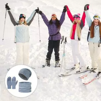 3 шт./комплект унисекс зимняя шапка шарф перчатки комплект толстая трикотажная защита ушей чёрный