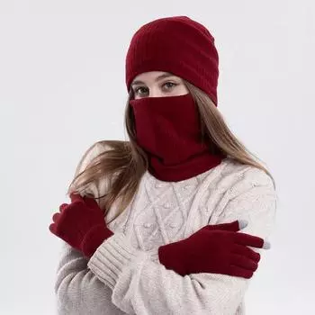 3 шт./комплект унисекс зимняя шапка шарф перчатки комплект толстая вязаная шапка для защиты ушей перчатки эластичная ветрозащитная зимняя на открытом воздухе велосипедная шапочка-купол шапка-бини темно-красного