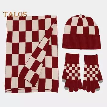 3 шт./комплект унисекс зимняя шапка шарф перчатки комплект утолщенная теплая шапка клетчатый принт эластичные перчатки для сенсорного экрана ветрозащитная зимняя на открытом воздухе велосипедная шапка купол вино красного