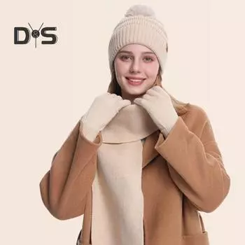 3 шт./комплект, женская зимняя шапка-шарф, перчатки, комплект, толстая вязаная теплая шапка, перчатки, эластичная защита ушей, ветрозащитная шапка-купол для езды на велосипеде, комплект для повязки на шею чёрный