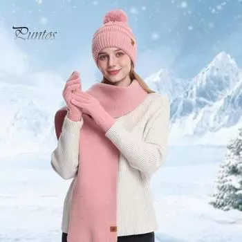 3 шт./комплект, женская зимняя шапка-шарф, перчатки, комплект, толстая вязаная теплая шапка, перчатки, эластичная защита ушей, ветрозащитная шапка-купол для езды на велосипеде, комплект для повязки на шею розовый