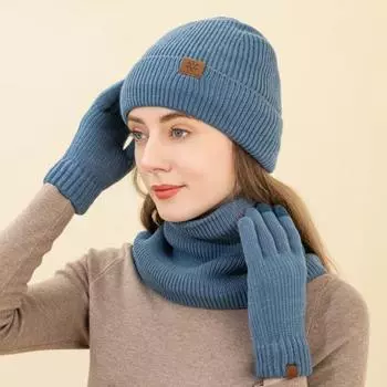 3 шт./комплект, женская зимняя шапка, шарф, перчатки, комплект, толстая плюшевая вязаная теплая шапка, перчатки для сенсорного экрана, эластичная защита ушей, ветрозащитный зимний комплект для защиты шеи чёрный