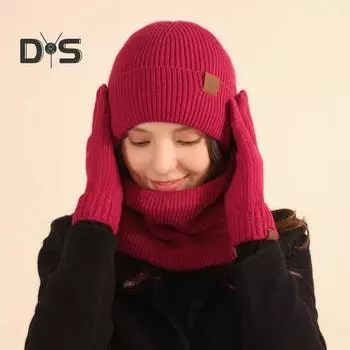 3 шт./комплект, женская зимняя шапка, шарф, перчатки, комплект, толстая плюшевая вязаная теплая шапка, перчатки для сенсорного экрана, эластичная защита ушей, ветрозащитная зимняя одежда для велоспорта на открытом воздухе серый