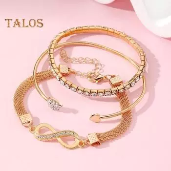 3 шт./комплект женские браслеты со стразами декор полые бесконечные символы сердца регулируемые штабелируемые запястные украшения дамский выпускной вечер свадебный браслет комплект серебряный