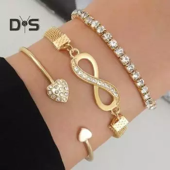 3 шт./комплект женские браслеты со стразами декор полые бесконечные символы сердца регулируемые штабелируемые запястные украшения дамский выпускной вечер свадебный браслет комплект серебряный