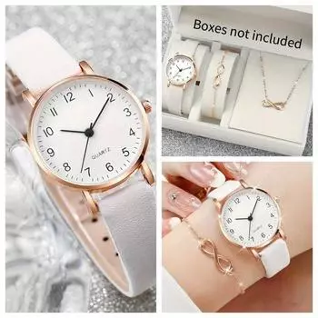 3 шт./комплект, женские наручные часы, женские повседневные круглые кварцевые часы, аналоговые белые наручные часы из искусственной кожи и золотое ожерелье, браслет, подарок для мамы. белый