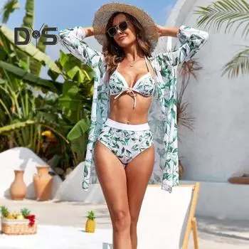 3 шт./комплект женский бикини кардиган комплект с принтом листьев длинный рукав накидка высокая талия мягкий быстросохнущий бюстгальтер на шнуровке купальник комплект пляжная одежда для водных видов спорта S чёрный