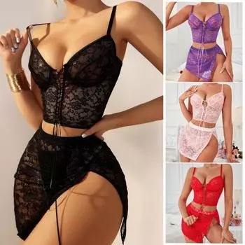 3 шт./комплект женский бюстгальтер трусики юбка комплект прозрачный кружево вышивка ажурный M