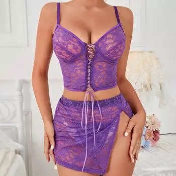 3 шт./комплект женский бюстгальтер трусики юбка комплект прозрачный кружево вышивка ажурный M