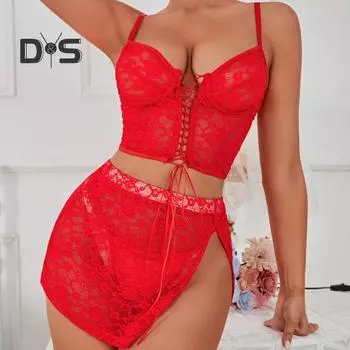 3 шт./комплект женский бюстгальтер трусики юбка комплект прозрачный кружево вышивка ажурные бретели шнуровка тонкая юбка с высокой талией брачная ночь медовый месяц день святого валентина XL