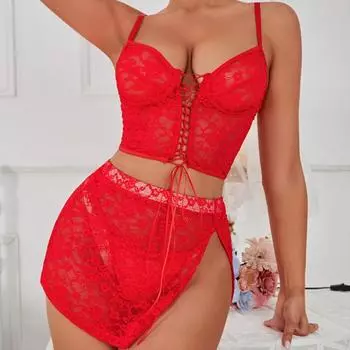 3 шт./комплект женский бюстгальтер трусики юбка комплект прозрачный кружево вышивка ажурные бретели шнуровка тонкая юбка с высокой талией брачная ночь медовый месяц день святого валентина L