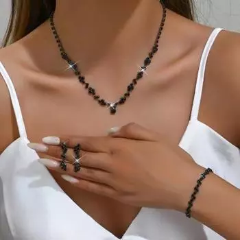 3 шт./комплект женский комплект ювелирных изделий горный хрусталь колье висячие серьги браслет набор регулируемое расширение чёрный