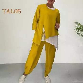 3 шт./комплект женский костюм весна-осень топ футболка брюки комплект неровный подол повседневная одежда повседневные шаровары круглый вырез длинный рукав свободный наряд S красный