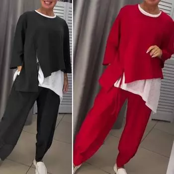 3 шт./комплект женский костюм весна-осень топ футболка брюки комплект неровный подол повседневная одежда повседневные шаровары круглый вырез длинный рукав свободный наряд M жёлтый