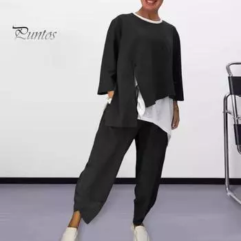 3 шт./комплект женский костюм весна-осень топ футболка брюки комплект неровный подол повседневная одежда повседневные шаровары круглый вырез длинный рукав свободный наряд S красный