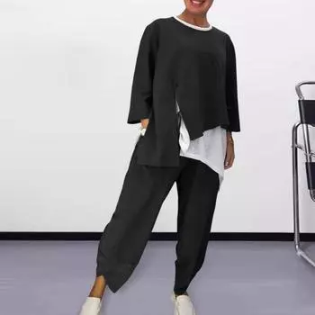 3 шт./комплект женский костюм весна-осень топ футболка брюки комплект неровный подол повседневная одежда повседневные шаровары круглый вырез длинный рукав свободный наряд M жёлтый