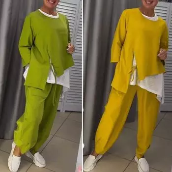 3 шт./комплект женский костюм весна-осень топ футболка брюки комплект неровный подол повседневная одежда повседневные шаровары круглый вырез длинный рукав свободный наряд L красный