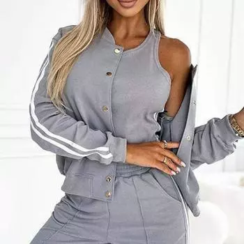 3 шт./комплект женский осенний топ брюки пальто комплект однобортный кардиган фитнес M фиолетовый