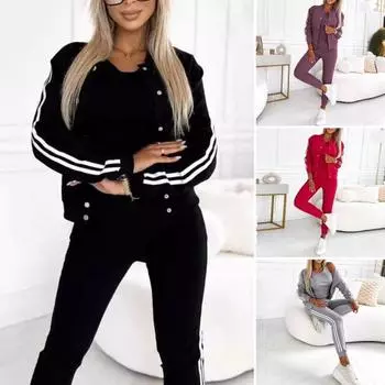 3 шт./комплект женский осенний топ брюки пальто комплект однобортный кардиган фитнес жилет полосатый эластичный пояс облегающие брюки спортивный повседневный домашний наряд XL фиолетовый